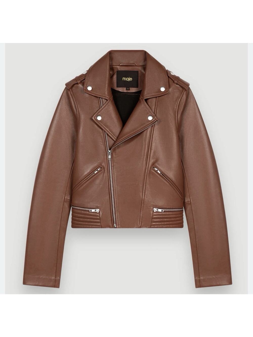 Maje Moto Motorcycle camel Leather Jacket Biker Size 40 US Large read NWT